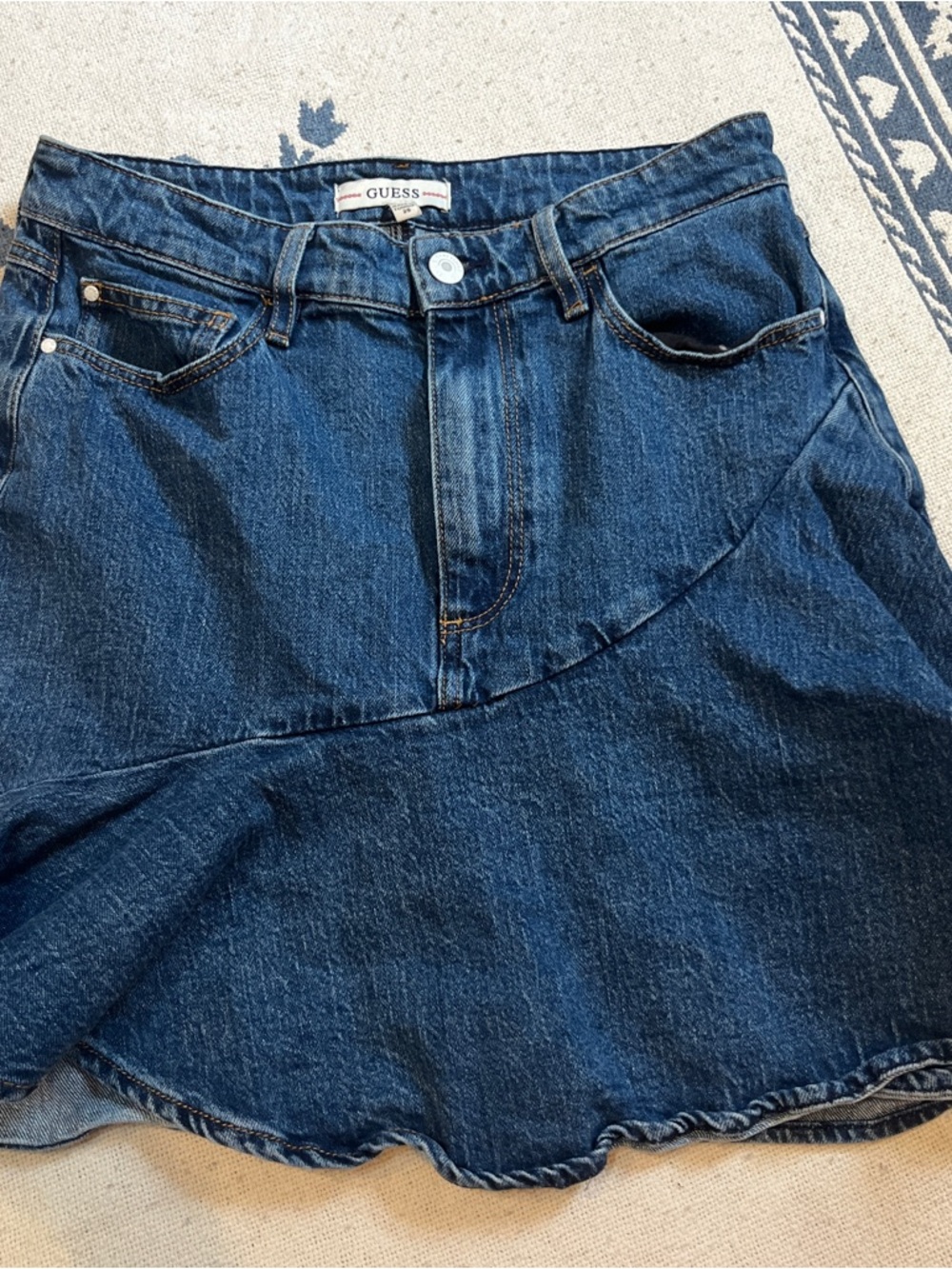 vintage darkwash GUESS designer denim skirt with unique pleated panel